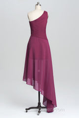 One Shoulder Plum Asymmetric Chiffon Long Party Dresses
