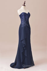 Navy Blue Two-Piece Sweetheart Ruffled Long Mother of the Bride Dresses