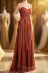 Rust Orange Spaghetti Straps Sweetheart Ruffled Long Bridesmaid Dresses