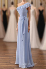Periwinkle One-Shoulder Ruffled A-Line Long Bridesmaid Dresses