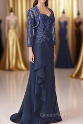 Navy Blue Two-Piece Sweetheart Ruffled Long Mother of the Bride Dresses