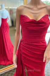 Red Beaded Strapless Mermaid Long Dresses with Attached Train