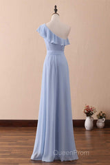 Periwinkle One-Shoulder Ruffled A-Line Long Bridesmaid Dresses