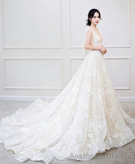 White V Neck Lace Long Prom Dress White Lace Wedding Dress