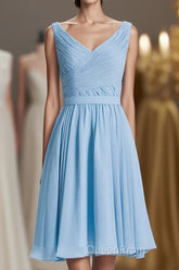 Blue Chiffon A-line Pleated Short Bridesmaid Dresses