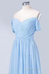 Blue Off the Shoulder Pleated Chiffon Long Bridesmaid Dresses