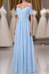 Blue Off the Shoulder Pleated Chiffon Long Bridesmaid Dresses