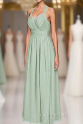 Sage Green Chiffon Halter Backless A-Line Bridesmaid Dresses