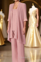 Three-Piece Pink Chiffon Half Sleeve Mother of the Bride Pant Suits