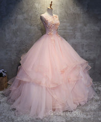 Pink Round Neck Tulle Lace Long Evening Prom Dresses, Lace Formal Dresses