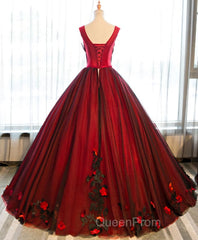 Burgundy Round Neck Tulle Lace Applique Long Evening Prom Dresses, Burgundy Evening Dresses