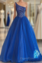 Blue Beaded One-Shoulder A-Line Long Evening Prom Dresses