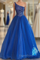 Blue Beaded One-Shoulder A-Line Long Evening Prom Dresses