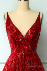 Burgundy Lace V-Neck Short Prom Dress, A-Line Irregular Hem Party Dress