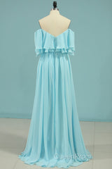 Off the Shoulder Blue Flounce Chiffon Long Bridesmaid Dresses