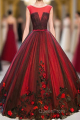 Burgundy Round Neck Tulle Lace Applique Long Evening Prom Dresses, Burgundy Evening Dresses