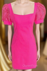 Fuchsia Puff Sleeves Square Neck Sheath Homecoming Dresses