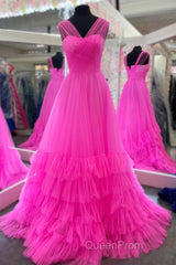Hot Pink Illusion Strapless A-line Layers Tulle Long Evening Prom Dresses