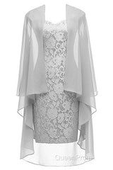 Two-Piece Grey Lace Short Mother of the Bride Dresses