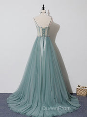 Green A Line Tulle Lace Long Evening Prom Dresses, Green Tulle Formal Dresses