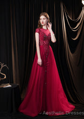 Cap Sleeves Prom Dress 2025 Beading Appliques Tulle Scoop Floor Length Burgundy Prom Dresses