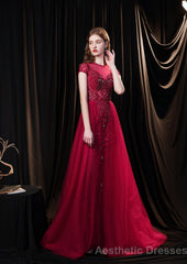 Cap Sleeves Prom Dress 2025 Beading Appliques Tulle Scoop Floor Length Burgundy Prom Dresses