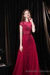 Cap Sleeves Prom Dress 2025 Beading Appliques Tulle Scoop Floor Length Burgundy Prom Dresses