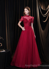 Burgundy Prom Dresses, Tulle High Neck Cap Sleeve Backless Beading Prom Dress