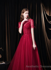 Burgundy Prom Dresses, Tulle High Neck Cap Sleeve Backless Beading Prom Dress