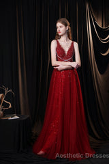 Luxury Burgundy Evening Dress, Long Evening Party Prom Dresses, A Line Prom Gown