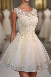 Champagne Lace Round Neck Short Evening Prom Dresses, Bridesmaid Dresses