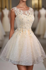 Champagne Lace Round Neck Short Evening Prom Dresses, Bridesmaid Dresses