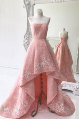 Charming Modest Pink A Line High Low Strapless Zipper Back Evening Prom Dresses