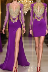 Unique Evening Prom Dresses, Long Sleeve High Neck Beaded Split Evening Prom Dresses