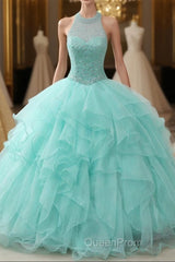 Mint Ball Gown Floor Length Halter Keyhole Back Beading Ruffles Evening Prom Dresses