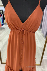 Brown A-line V Neck Straps Ruffle Buttons Long Bridesmaid Dress with Slit