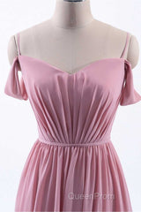 Dusty Pink Chiffon Cold-Shoulder A-Line Long Bridesmaid Dresses