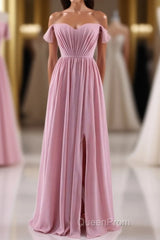 Dusty Pink Chiffon Cold-Shoulder A-Line Long Bridesmaid Dresses