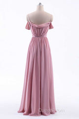Dusty Pink Chiffon Cold-Shoulder A-Line Long Bridesmaid Dresses