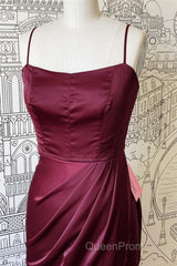 Sheath Spaghetti Straps Satin Long Bridesmaid Dresses with Slit