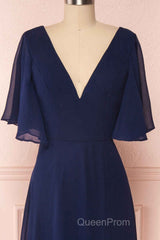 Navy Blue Chiffon V-Neck Ruffled Sleeve Long Bridesmaid Dresses