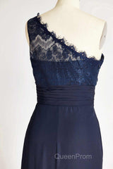 One-Shoulder Navy Blue Lace Long Bridesmaid Dresses