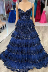 Navy Blue Floral Multi-Layers Sequined Straps Long Evening Prom Dresses