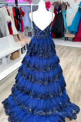 Navy Blue Floral Multi-Layers Sequined Straps Long Evening Prom Dresses
