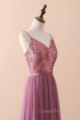 Dusty Purple Sequin Spaghetti Straps A-Line Long Bridesmaid Dresses
