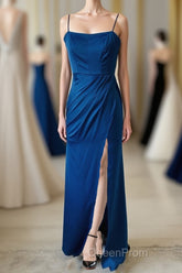 Sheath Spaghetti Straps Satin Long Bridesmaid Dresses with Slit