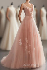 Pink V Neck Tulle Long Evening Prom Dresses, Tulle Evening Dresses