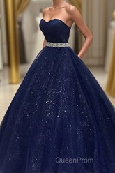 Navy Blue Ball Gown Court Train Sleeveless Mid Back Sparkle Evening Prom Dresses