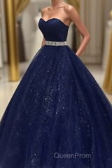 Navy Blue Ball Gown Court Train Sleeveless Mid Back Sparkle Evening Prom Dresses