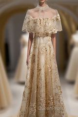 Champagne Tulle Lace Long Evening Prom Dresses, Champagne Formal Dresses, 1